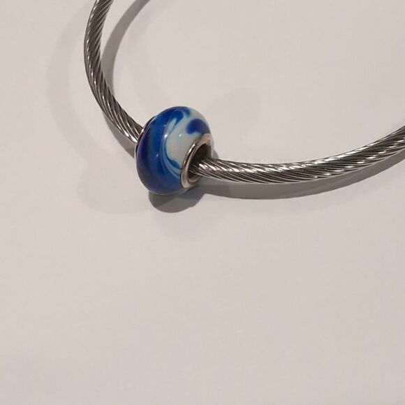 Silver Blue and White Swirled Charm for Pandora Style Bracelet - Picture 5 of 6
